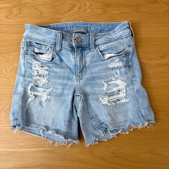 American Eagle Outfitters Pants - American Eagle Midi Denim Shorts Size 0 Blue Stretch 5" Inseam Distressed
